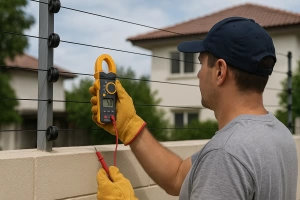 técnico realizando revisión y mantenimiento de un cerco eléctrico