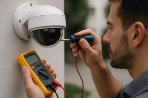 técnico realizando mantenimiento a cámaras de seguridad