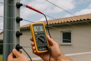 Técnico comprobando cerco eléctrico con herramienta técnica