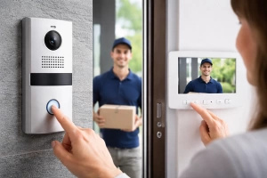 Intercomunicador residencial en uso en una entrada de edificio