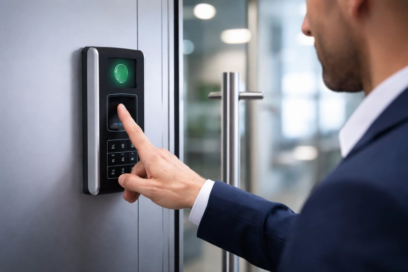 Persona usando usando su huella dactilar para abrir una puerta