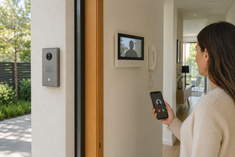 Persona interactuando con un intercomunicador residencial del tipo con video